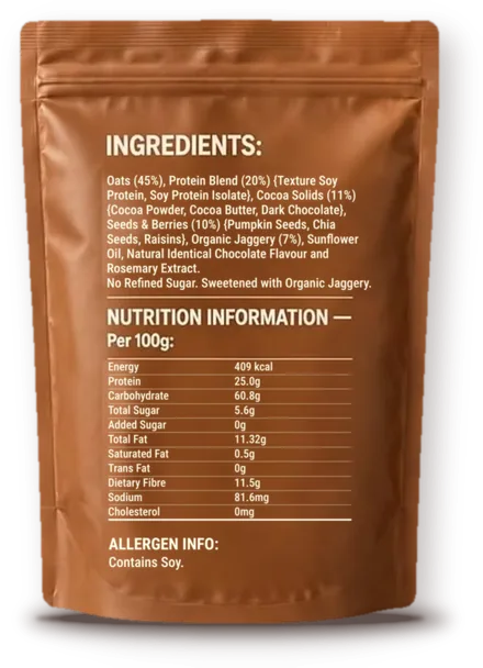 Back of the FYDO pouch showing the ingredients and nutrition information