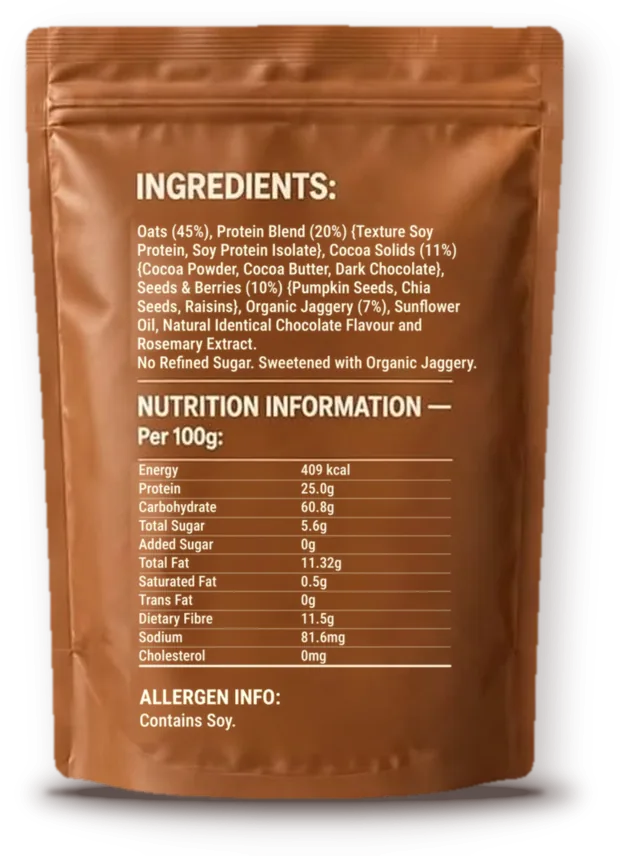 Back of the FYDO pouch showing the ingredients and nutrition information